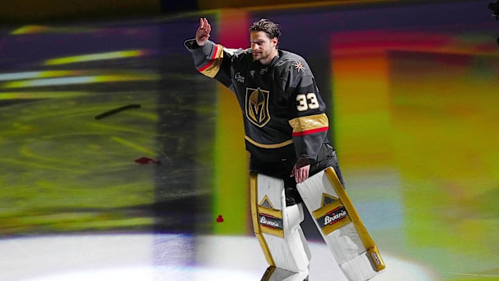 Mar 2, 2025; Las Vegas, Nevada, USA; Vegas Golden Knights goaltender Adin Hill (33) is named First Star of the Game after the Golden Knights defeated the New Jersey Devils 2-0 at T-Mobile Arena. Mandatory Credit: Stephen R. Sylvanie-Imagn Images