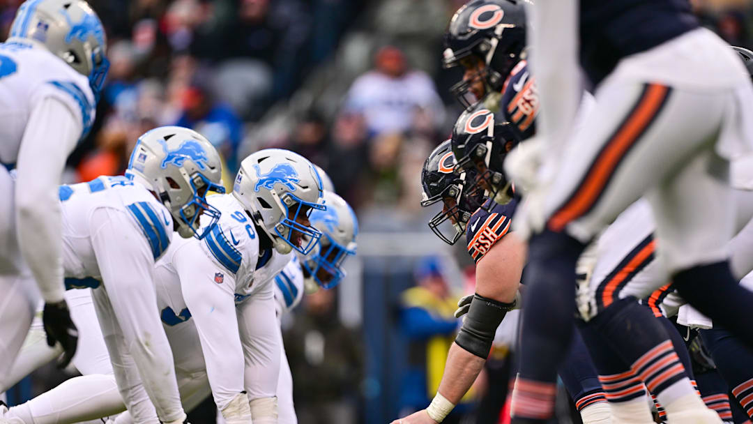 Dec 22, 2024; Chicago, Illinois, USA; Detroit Lions and Chicago Bears line up during the fourth quarter at Soldier Field. Mandatory Credit: Daniel Bartel-Imagn Images