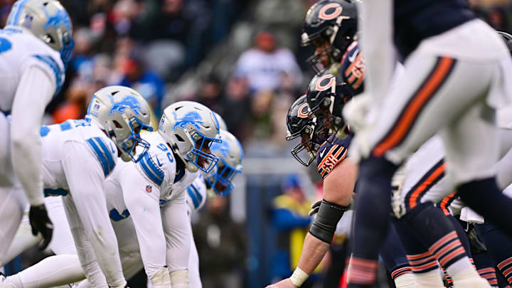 Dec 22, 2024; Chicago, Illinois, USA; Detroit Lions and Chicago Bears line up during the fourth quarter at Soldier Field. Mandatory Credit: Daniel Bartel-Imagn Images