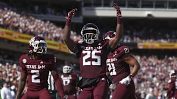 Nov 15, 2025; College Station, Texas, USA; Texas A&M Aggies safety Dalton Brooks (25) reacts after an interception during the second quarter against the South Carolina Gamecocks at Kyle Field. Mandatory Credit: Troy Taormina-Imagn Images