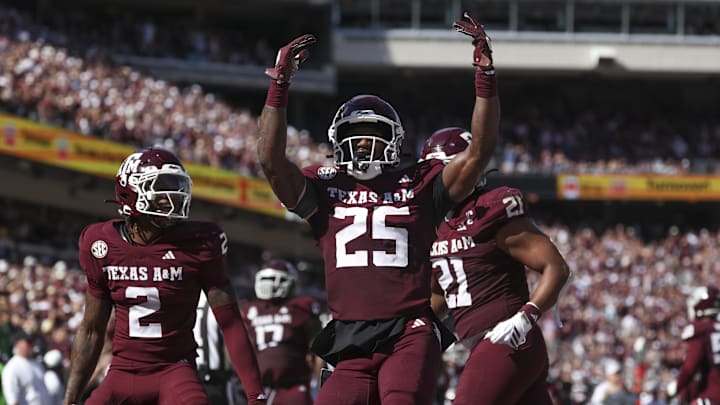 Nov 15, 2025; College Station, Texas, USA; Texas A&M Aggies safety Dalton Brooks (25) reacts after an interception during the second quarter against the South Carolina Gamecocks at Kyle Field. Mandatory Credit: Troy Taormina-Imagn Images
