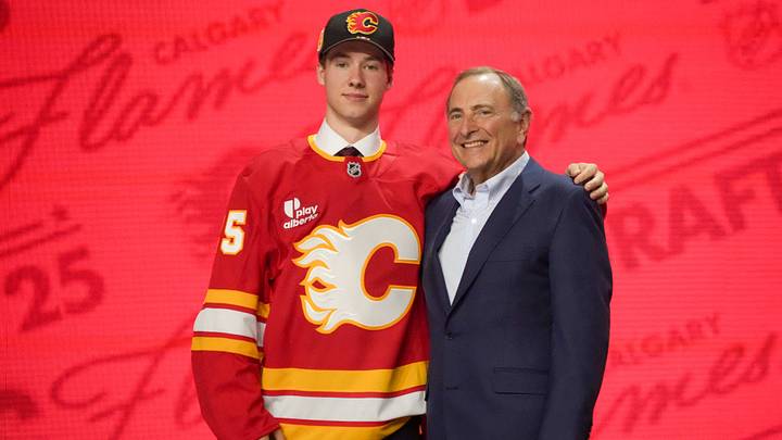 Jun 27, 2025; Los Angeles, California, USA; Cullen Potter is selected as the 32nd overall pick to the Calgary Flames in the first round of the 2025 NHL Draft at Peacock Theater. Mandatory Credit: Kirby Lee-Imagn Images