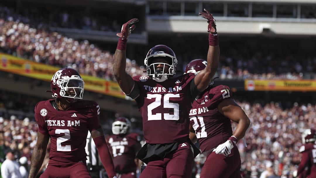 Texas A&M Aggies safety Dalton Brooks reacts after an interception during the second quarter against the South Carolina Gamecocks at Kyle Field. 
