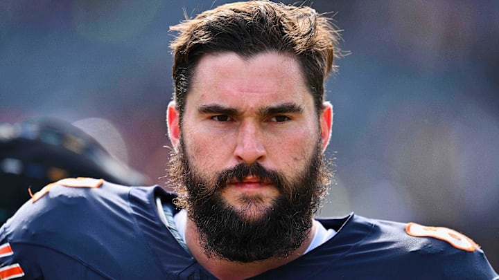 Oct 15, 2023; Chicago, Illinois, USA;  Chicago Bears offensive lineman Lucas Patrick (62) warms up before a game against the Minnesota Vikings at Soldier Field. Mandatory Credit: Jamie Sabau-Imagn Images