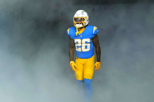 Los Angeles Chargers cornerback Asante Samuel Jr.  enters the field before the game against the Buffalo Bills.