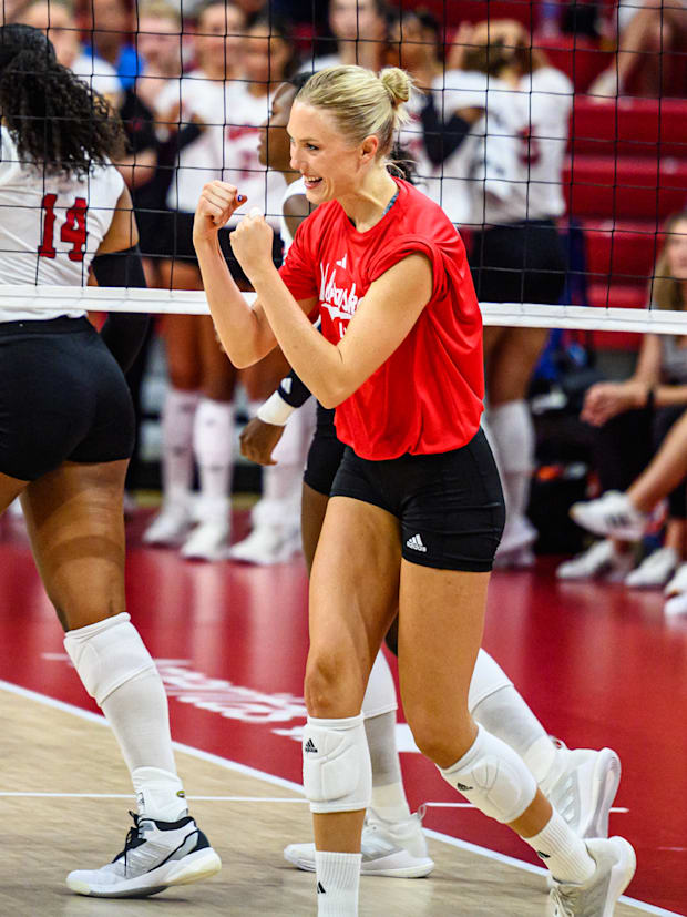 Lauren Stivrins celebrates a block. 