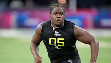 Feb 27, 2025; Indianapolis, IN, USA; Georgia defensive lineman Warren Brinson (DL05) participates in drills during the 2025 NFL Combine at Lucas Oil Stadium. Mandatory Credit: Kirby Lee-Imagn Images