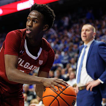 Dec 11, 2024; Lexington, Kentucky, USA; Colgate Raiders guard Jalen Cox (3) looks to pass the ball during the first half against the Kentucky Wildcats at Rupp Arena at Central Bank Center. Mandatory Credit: Jordan Prather-Imagn Images