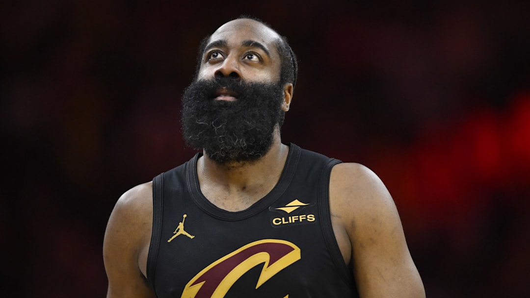 Feb 11, 2026; Cleveland, Ohio, USA; Cleveland Cavaliers guard James Harden (1) stands on the court in the fourth quarter against the Washington Wizards at Rocket Arena. Mandatory Credit: David Richard-Imagn Images