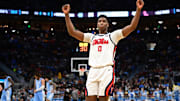 Mar 21, 2025; Milwaukee, WI, USA; Mississippi Rebels forward Malik Dia (0) celebrates after a play during the second half of a first round NCAA men’s tournament game against the North Carolina Tar Heels at Fiserv Forum. Mandatory Credit: Benny Sieu-Imagn Images