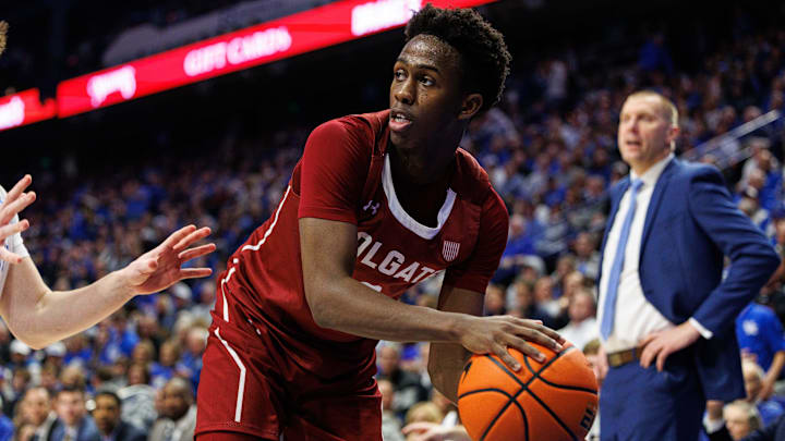 Dec 11, 2024; Lexington, Kentucky, USA; Colgate Raiders guard Jalen Cox (3) looks to pass the ball during the first half against the Kentucky Wildcats at Rupp Arena at Central Bank Center. Mandatory Credit: Jordan Prather-Imagn Images