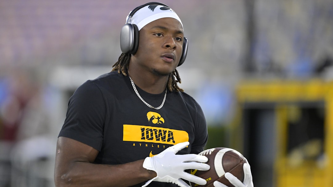 Nov 8, 2024; Pasadena, California, USA;  Iowa Hawkeyes running back Kaleb Johnson (2) warms up prior to the game against the UCLA Bruins at the Rose Bowl. Mandatory Credit: Jayne Kamin-Oncea-Imagn Images