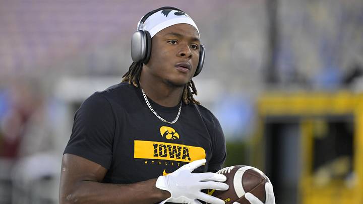 Nov 8, 2024; Pasadena, California, USA;  Iowa Hawkeyes running back Kaleb Johnson (2) warms up prior to the game against the UCLA Bruins at the Rose Bowl. Mandatory Credit: Jayne Kamin-Oncea-Imagn Images