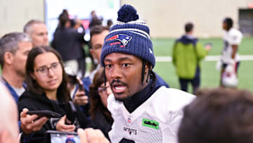 New England Patriots wide receiver Stefon Diggs speaks to the media after minicamp held in the WIN Field House at Gillette Stadium. 
