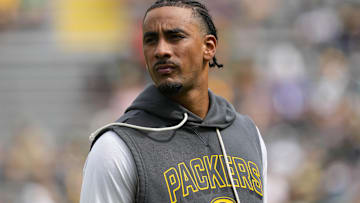 Aug 23, 2025; Green Bay, Wisconsin, USA;  Green Bay Packers quarterback Jordan Love (10) during warmups prior to the game against the Seattle Seahawks at Lambeau Field. Mandatory Credit: Jeff Hanisch-Imagn Images