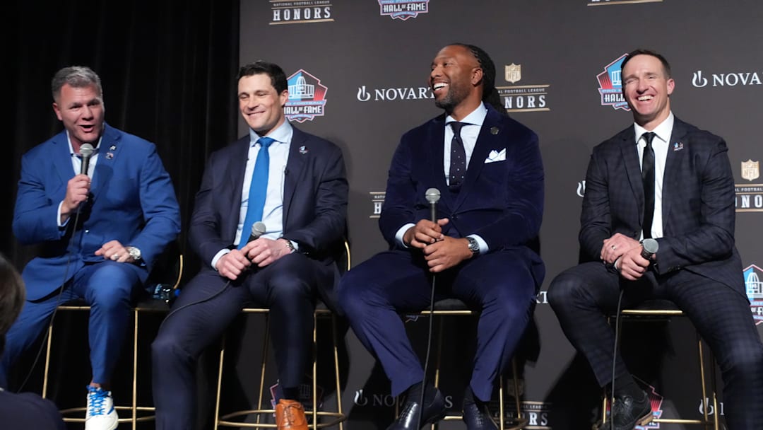 Feb 5, 2026; San Franciso, CA, USA; From left: Adam Vinatieri, Luke Kuechly, Larry Fitzgerald and Drew Brees during a press conference introducing the NFL Hall of Fame Class of 2026 at Palace of Fine Arts. Mandatory Credit: Kirby Lee-Imagn Images Feb 5, 2026; San Franciso, CA, USA; From left: Adam Vinatieri, Luke Kuechly, Larry Fitzgerald and Drew Brees during a press conference introducing the NFL Hall of Fame Class of 2026 at Palace of Fine Arts. Mandatory Credit: Kirby Lee-Imagn Images