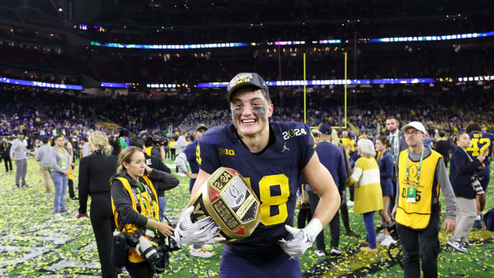 Jan 8, 2024; Houston, TX, USA; Michigan Wolverines tight end Colston Loveland (18) celebrates after winning 2024 College Football Playoff national championship game against the Washington Huskies at NRG Stadium. Mandatory Credit: Thomas Shea-USA TODAY Sports