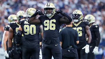 Sep 15, 2024; Arlington, Texas, USA;  New Orleans Saints defensive end Carl Granderson (96) reacts during the second half against the Dallas Cowboys at AT&T Stadium. Mandatory Credit: Kevin Jairaj-Imagn Images