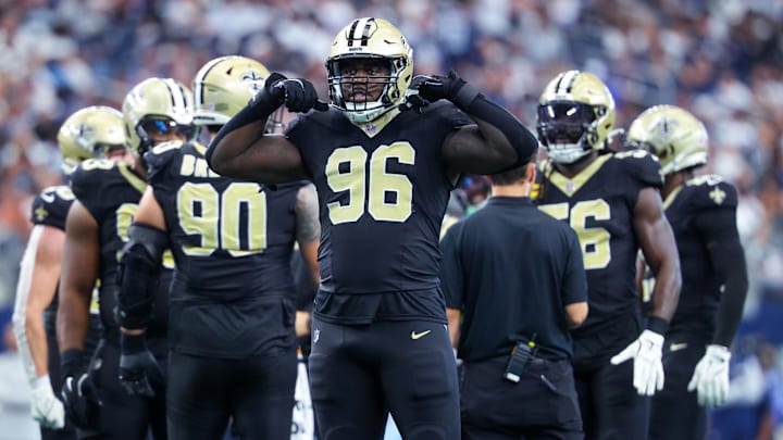 Sep 15, 2024; Arlington, Texas, USA;  New Orleans Saints defensive end Carl Granderson (96) reacts during the second half against the Dallas Cowboys at AT&T Stadium. Mandatory Credit: Kevin Jairaj-Imagn Images