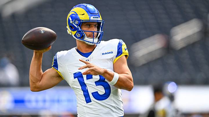 Aug 16, 2025; Inglewood, California, USA; Los Angeles Rams quarterback Stetson Bennett IV (13) throws a pass before the game against the Los Angeles Chargers at SoFi Stadium. Mandatory Credit: Jonathan Hui-Imagn Images