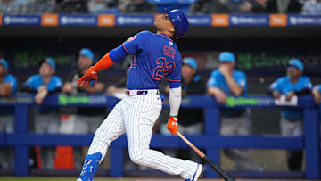 New York Mets outfielder Juan Soto (22) flies out in the first inning against the Miami Marlins at Clover Park. 