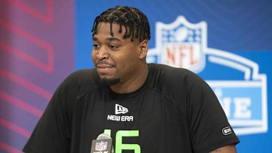 Mar 1, 2025; Indianapolis, IN, USA; William & Mary offensive lineman Grant Charles (OL16) answers questions at a press conference during the 2025 NFL Combine at Indiana Convention Center. Mandatory Credit: Jacob Musselman-Imagn Images