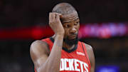 Oct 24, 2025; Houston, Texas, USA; Houston Rockets forward Kevin Durant (7) reacts after a play during the third quarter against the Detroit Pistons at Toyota Center. Mandatory Credit: Troy Taormina-Imagn Images