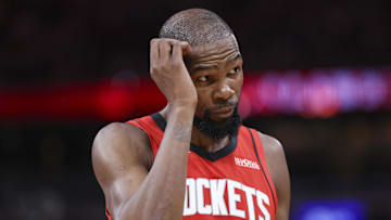 Oct 24, 2025; Houston, Texas, USA; Houston Rockets forward Kevin Durant (7) reacts after a play during the third quarter against the Detroit Pistons at Toyota Center. Mandatory Credit: Troy Taormina-Imagn Images