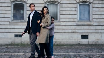 L-R Michael Weatherly as Tony Dinozzo, Cote de Pablo as Ziva David and Isla Gie as Tali In NCIS: Tony & Ziva, season 1, airing on Paramount+ 2025. Photo Credit: Jason Bell/Paramount+