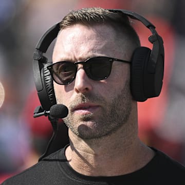 Oct 13, 2024; Baltimore, Maryland, USA;  Washington Commanders offensive coordinator Kliff Kingsbury on the sidelines during the first half against the Baltimore Ravens at M&T Bank Stadium. Mandatory Credit: Tommy Gilligan-Imagn Images