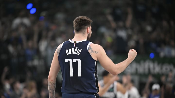 May 26, 2024; Dallas, Texas, USA; Dallas Mavericks guard Luka Doncic (77) reacts in the first quarter against the Minnesota Timberwolves during game three of the western conference finals for the 2024 NBA playoffs at American Airlines Center. Mandatory Credit: Jerome Miron-USA TODAY Sports