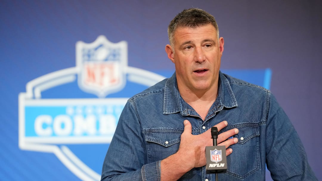Feb 25, 2026; Indianapolis, IN, USA; New England Patriots coach Mike Vrabel speaks during the NFL Scouting Combine at the Indiana Convention Center. Mandatory Credit: Kirby Lee-Imagn Images