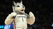 Apr 3, 2022; Minneapolis, MN, USA; UConn Huskies mascot cheers during a break against the South Carolina Gamecocks  during the first half in the Final Four championship game of the women's college basketball NCAA Tournament at Target Center. Mandatory Credit: Kirby Lee-Imagn Images