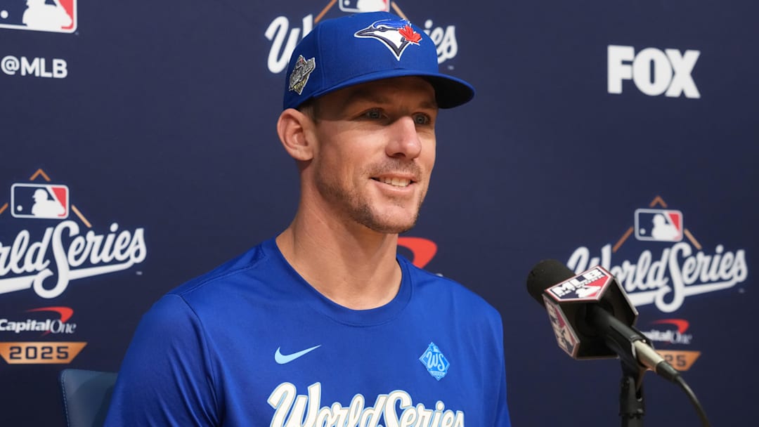Oct 29, 2025; Los Angeles, California, USA; Toronto Blue Jays starting pitcher Chris Bassitt (40) at press conference during game five of the 2025 MLB World Series at Dodger Stadium. Mandatory Credit: Kirby Lee-Imagn Images