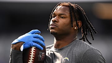 Nov 12, 2023; Inglewood, California, USA; Los Angeles Chargers tight end Gerald Everett (7) warms up before the game against the Detroit Lions at SoFi Stadium. Mandatory Credit: Orlando Ramirez-Imagn Images