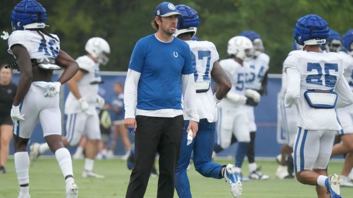 Indianapolis Colts head coach Shane Steichen watches practice during the Colts’ training camp Wednesday, Aug. 7, 2024, at Grand Park Sports Complex in Westfield.