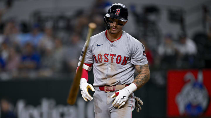 Aug 3, 2024; Arlington, Texas, USA;  Boston Red Sox left fielder Jarren Duran (16) throws his bat after he strikes out to end the inning against the Texas Rangers during the eighth inning at Globe Life Field. Mandatory Credit: Jerome Miron-USA TODAY Sports