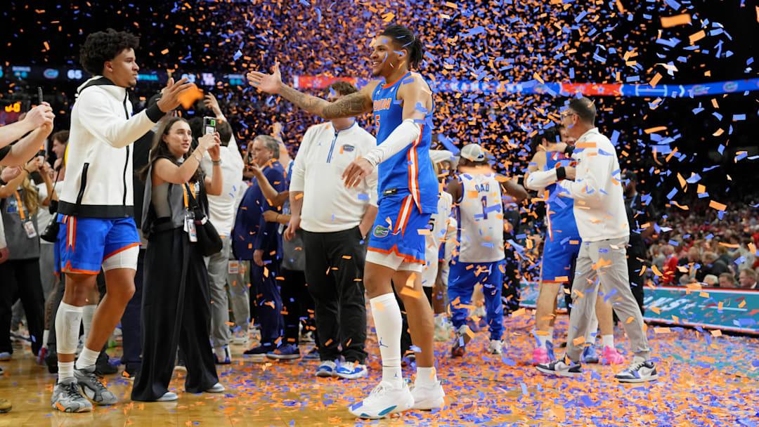 Apr 7, 2025; San Antonio, TX, USA; Florida Gators guard Will Richard (5) celebrates after winning the national championship game of the Final Four of the 2025 NCAA Tournament at the Alamodome. Mandatory Credit: Bob Donnan-Imagn Images