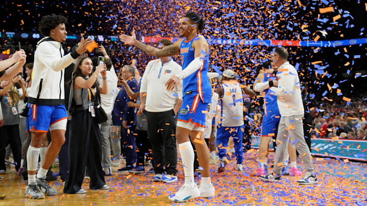 Apr 7, 2025; San Antonio, TX, USA; Florida Gators guard Will Richard (5) celebrates after winning the national championship game of the Final Four of the 2025 NCAA Tournament at the Alamodome. Mandatory Credit: Bob Donnan-Imagn Images