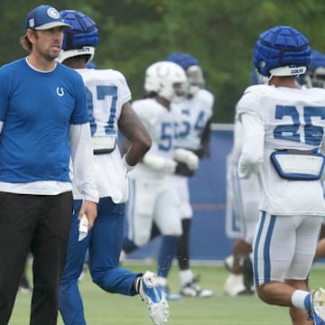 Indianapolis Colts head coach Shane Steichen watches practice during the Colts’ training camp Wednesday, Aug. 7, 2024, at Grand Park Sports Complex in Westfield.