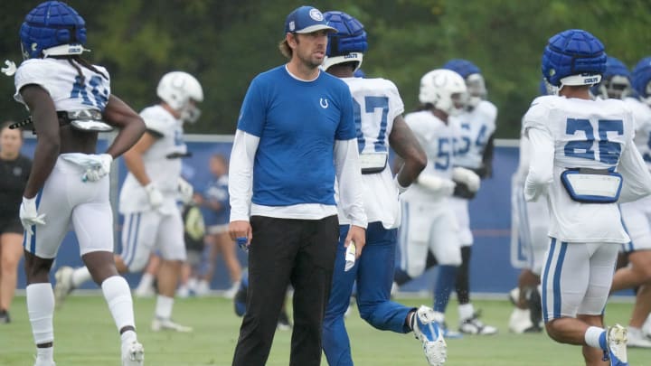 Indianapolis Colts head coach Shane Steichen watches practice during the Colts’ training camp Wednesday, Aug. 7, 2024, at Grand Park Sports Complex in Westfield.