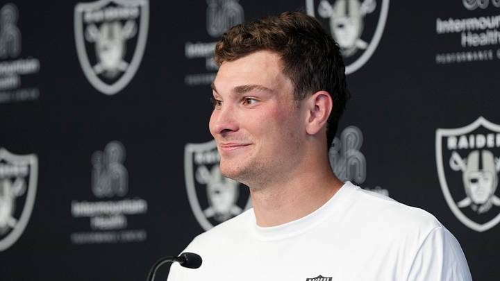 Las Vegas Raiders quarterback Fernando Mendoza speaks during a news conference at the team’s Rookie Minicamp.