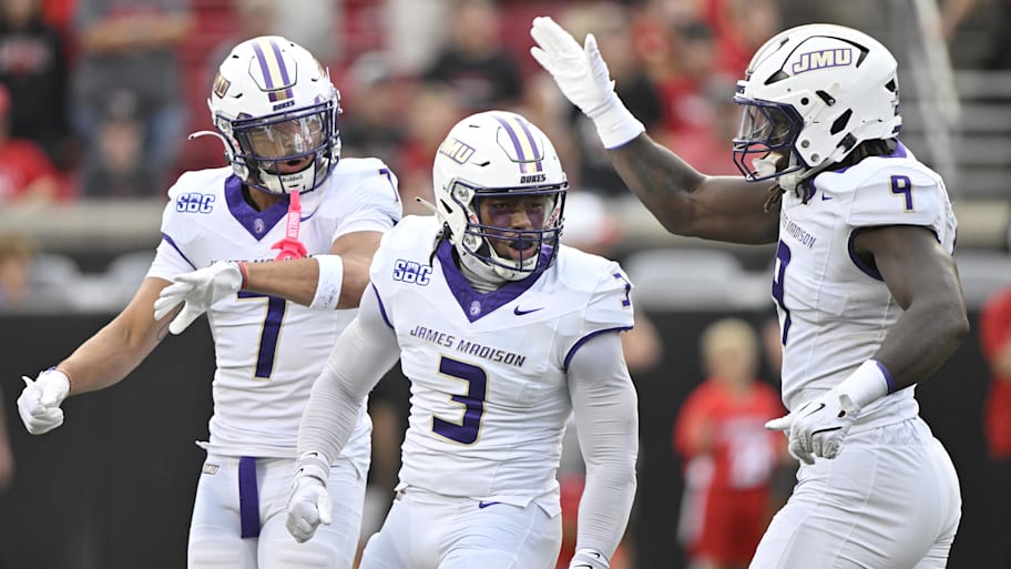 James Madison Dukes linebacker Gannon Weathersby celebrates 