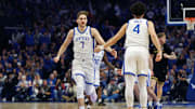 Feb 19, 2025; Lexington, Kentucky, USA; Kentucky Wildcats forward Andrew Carr (7) celebrates with guard Koby Brea (4) after Brea makes a three point basket during the first half against the Vanderbilt Commodores at Rupp Arena at Central Bank Center. Mandatory Credit: Jordan Prather-Imagn Images