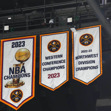 Oct 30, 2023; Denver, Colorado, USA; General view of the Denver Nuggets 2023 championship banners before the game at Ball Arena. Mandatory Credit: Ron Chenoy-USA TODAY Sports