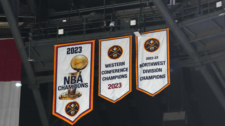 Oct 30, 2023; Denver, Colorado, USA; General view of the Denver Nuggets 2023 championship banners before the game at Ball Arena. Mandatory Credit: Ron Chenoy-USA TODAY Sports