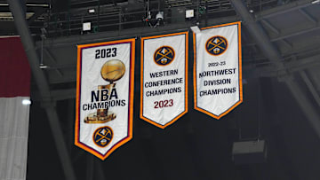 Oct 30, 2023; Denver, Colorado, USA; General view of the Denver Nuggets 2023 championship banners before the game at Ball Arena. Mandatory Credit: Ron Chenoy-Imagn Images