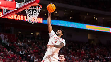 Nov 27, 2024; Lincoln, Nebraska, USA; Nebraska Cornhuskers guard Brice Williams (3) shoots the ball against the South Dakota Coyotes during the first half at Pinnacle Bank Arena. Mandatory Credit: Dylan Widger-Imagn Images
