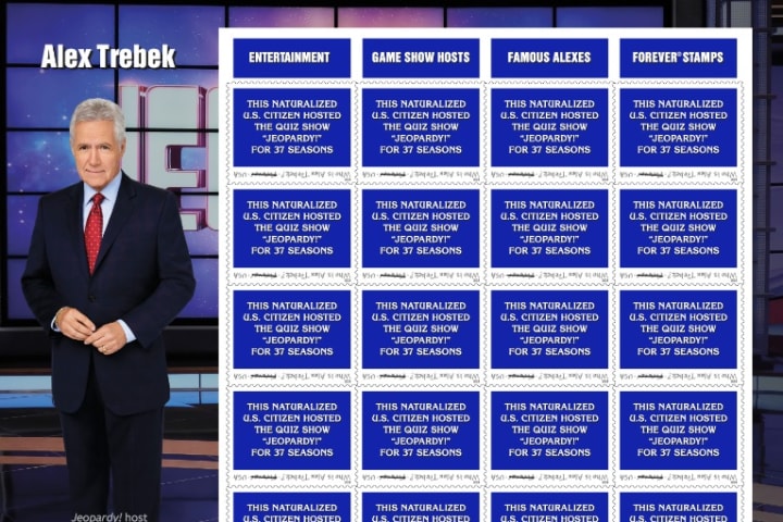 A 'Jeopardy!' Forever stamp sheet with Alex Trebek is pictured