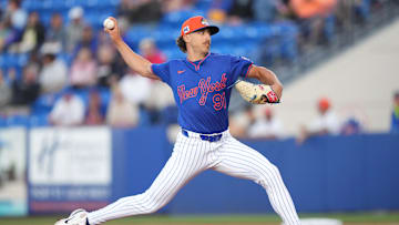 Mar 6, 2025; Port St. Lucie, Florida, USA;  New York Mets pitcher Brandon Sproat (91) pitches against the Houston Astros at Clover Park. Mandatory Credit: Jim Rassol-Imagn Images